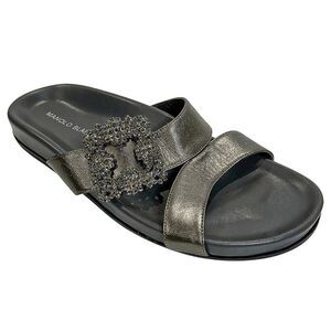 Manolo Blahnik Chilanghi Satin Jewel Buckle Flat Mules Silver EU 39 Slip On